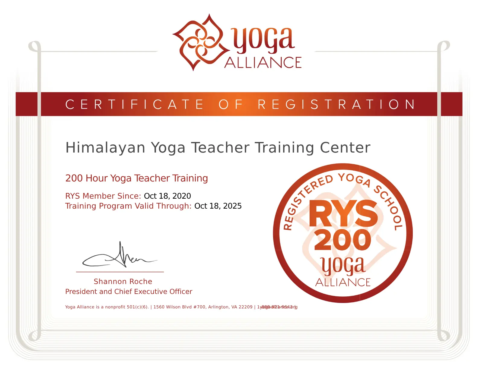 200 Hour Yoga Alliance Certificate