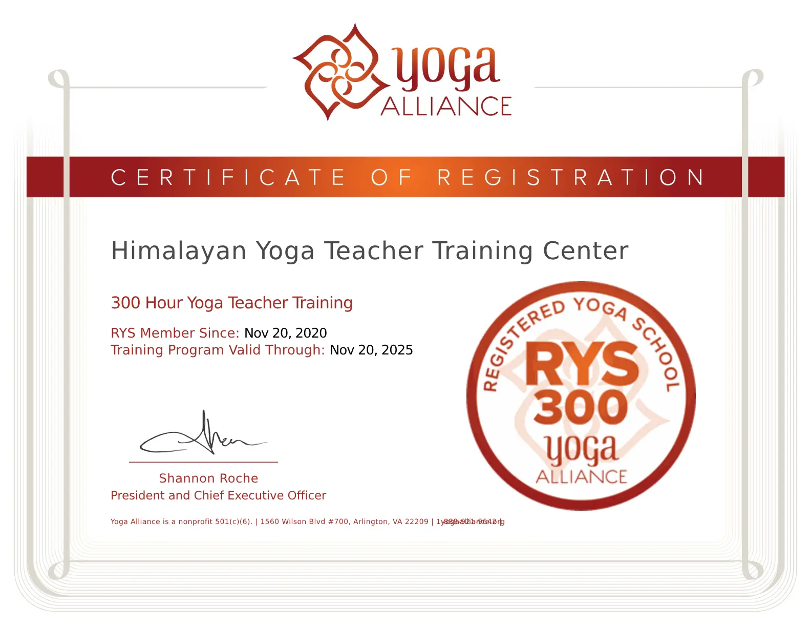 300 Hour Yoga Alliance Certificate